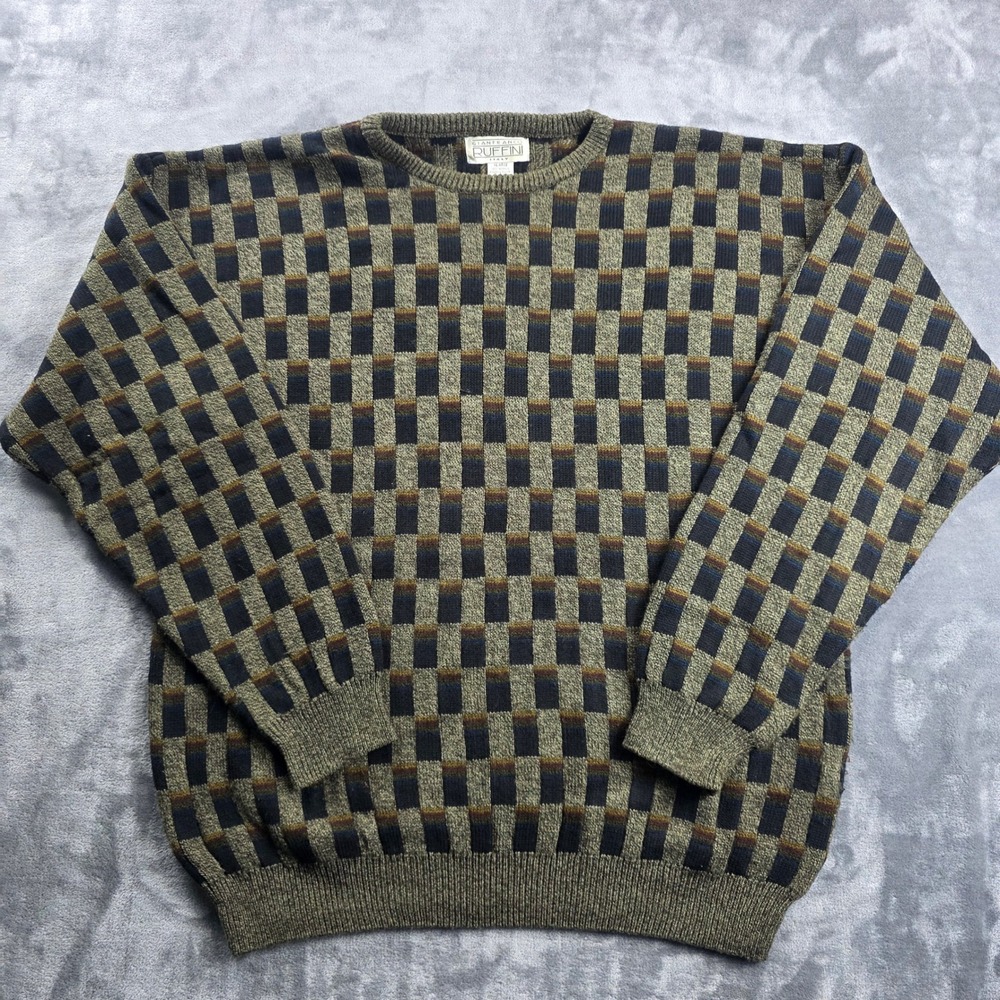 Gianfranco Ruffini Sweater Mens XL Green Geometric Knit Crewneck Vintage 90s